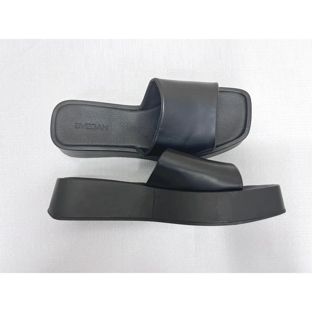 SVEGAN Platform Slide Sandals Women Size 42 Black Excellent Vegan Square‎ Toe